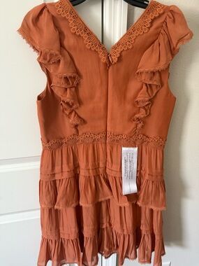 BCBGMaxAzria Sunwashed sun-kissed Orange Lace-Trim Ruffle mini V-Neck Dress s 12